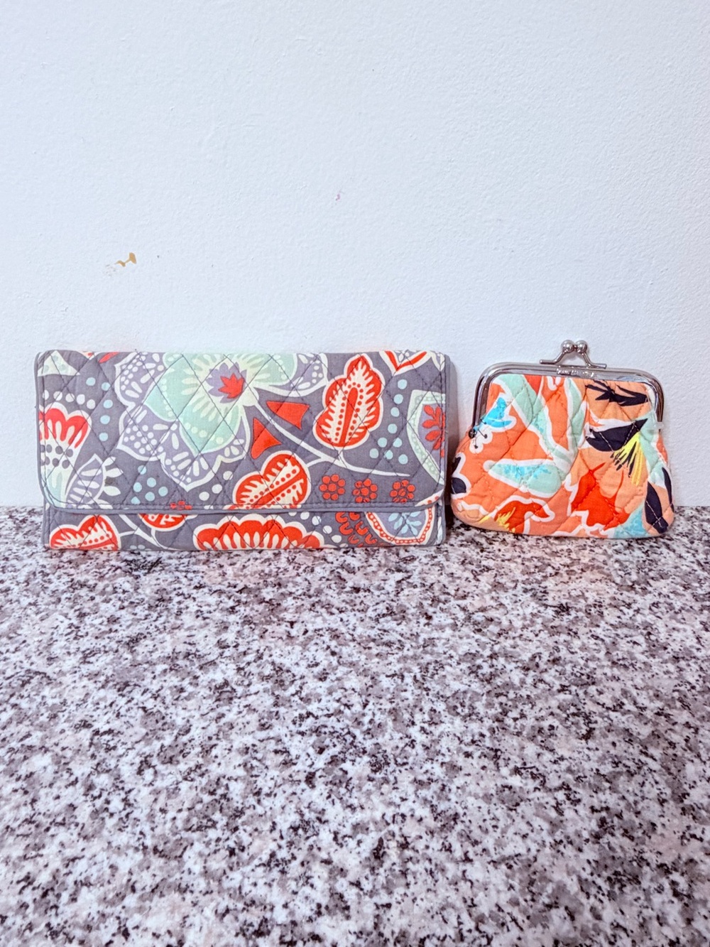 Vera Bradley Floral Quilted Wallet and Coin Purse Set in Gray and Orange
